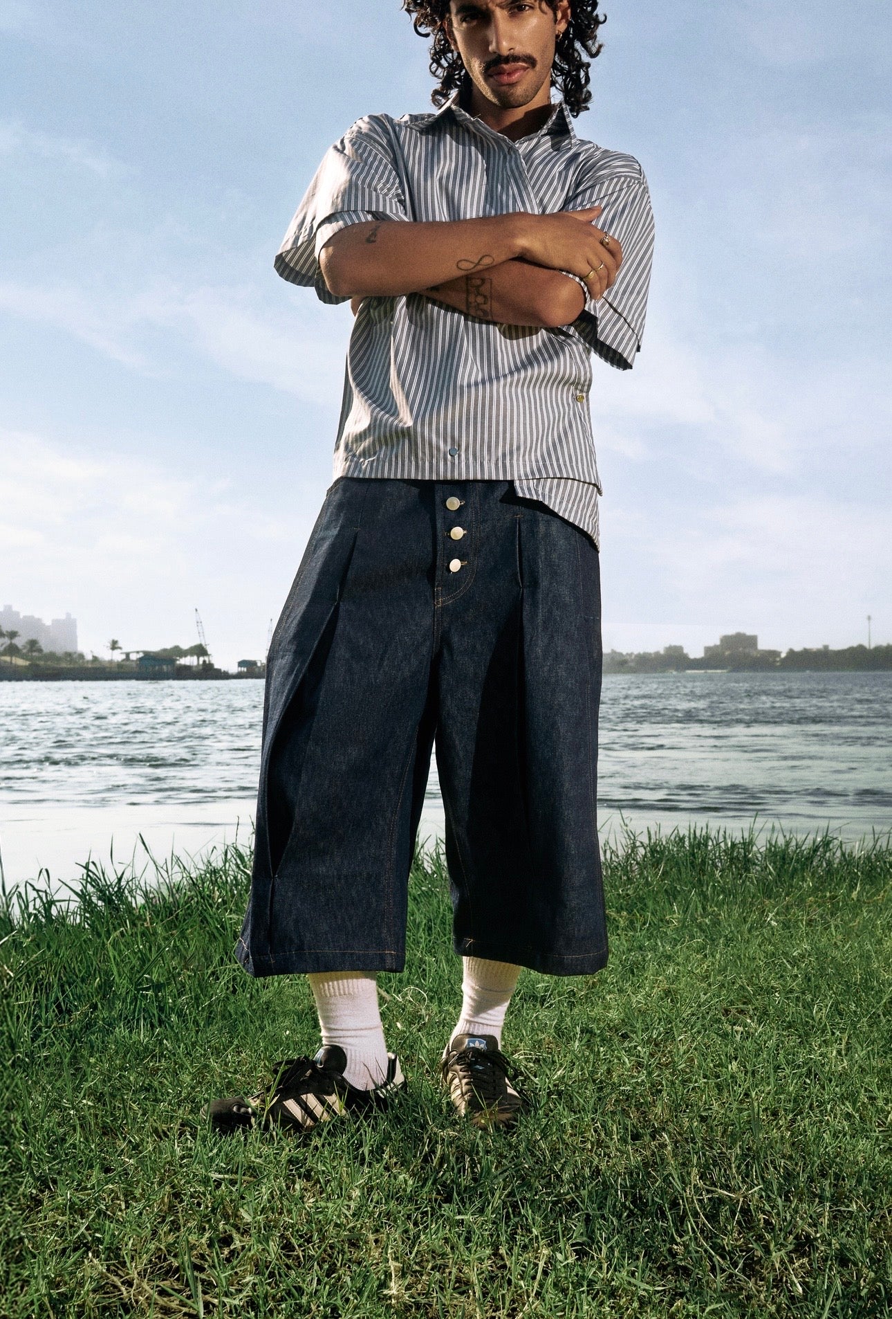 Pleated Denim Shorts
